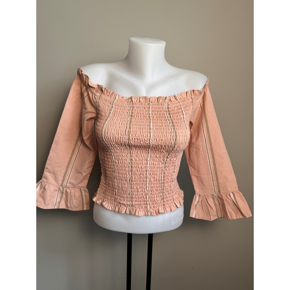 Guess Smocked Off Shoulder Striped Ruffle Sleeve Top S Boho Cottagecore Prairie
